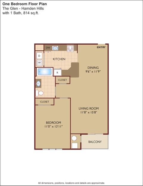 Floor plan for 1 bed, 1 bath, 815 sqft
